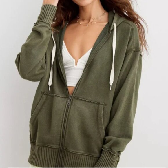 aerie Tops - Aerie Down-to-Earth Full Zip Hoodie Festive Olive Size Small